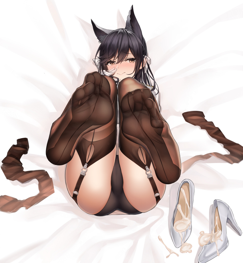 1girl :&gt; absurdres animal_ears ass atago_(azur_lane) azur_lane black_hair black_panties blush cameltoe cum_in_footwear extra_ears feet foot_focus foreshortening full_body garter_straps gloves grey_footwear hair_between_eyes hair_ribbon high_heels highres legs long_hair looking_to_the_side lying military_uniform no_shoes panties presenting_foot ribbon shoes smile soles solo spread_toes swept_bangs thighhighs thighs toes underwear uniform unworn_shoes white_footwear white_gloves white_ribbon xo_(xo17800108) yellow_eyes