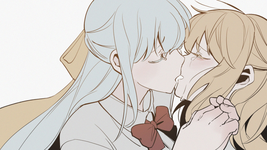 2girls anisphia_wynn_palettia blonde_hair blue_hair bow bowtie collared_shirt commentary_request contemporary crying euphyllia_magenta half-closed_eyes highres holding_hands kiss lelioz long_hair medium_hair multiple_girls parted_lips red_bow red_bowtie ribbon school_uniform shirt tears tensei_oujo_to_tensai_reijou_no_mahou_kakumei upper_body white_shirt yellow_ribbon yuri