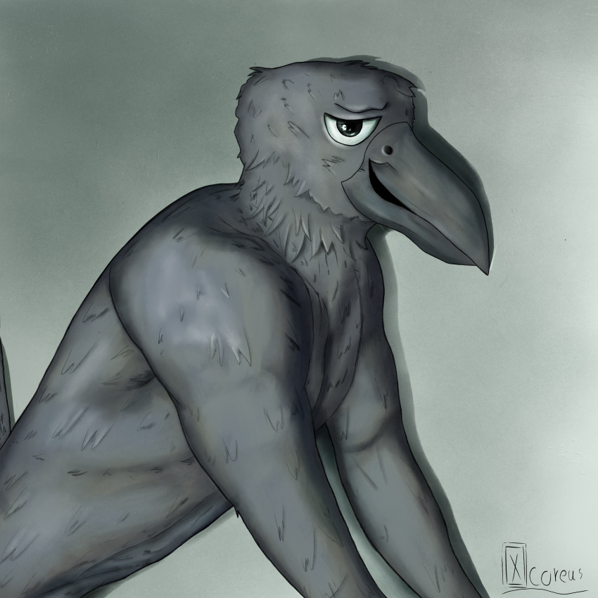 1:1 absurd_res anthro avian beak bird corvid corvus_(genus) crow detailed digital_media_(artwork) english_text feathers fluffy hi_res leaning_on_table male muscular nostrills oscine passerine shaded signature smile smiling_at_viewer tail text xcoreus