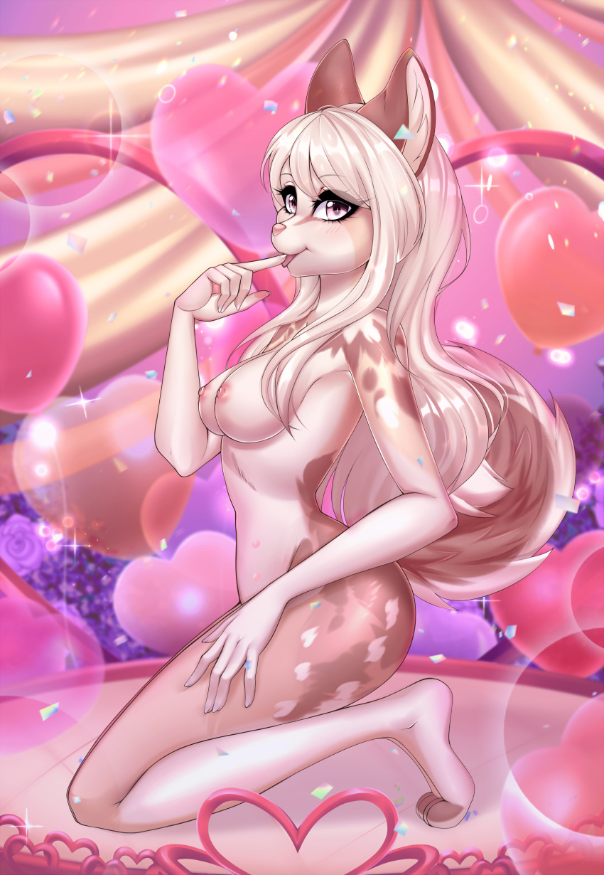 absurd_res anthro barefoot blonde_hair breasts digital_media_(artwork) eyelashes female finger_to_mouth hair hi_res hindpaw holidays kneeling looking_at_viewer mammal nipples nude paws pink_nipples shaded solo tongue tongue_out touching_tongue valentine's_day yonachka_doki