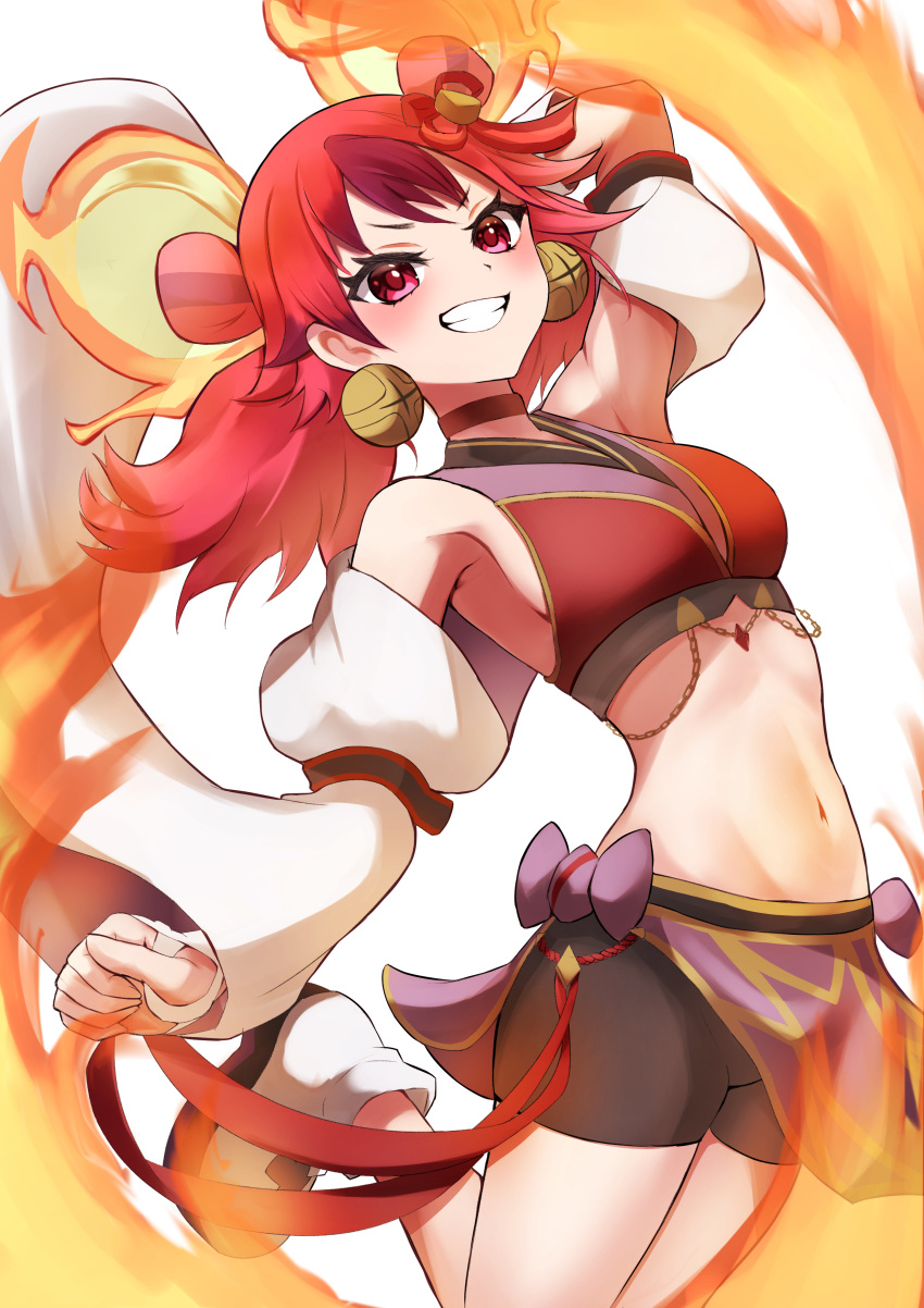 1girl absurdres animal_ears bare_shoulders bike_shorts_under_skirt breasts crop_top detached_sleeves duel_monster fire ha-re_the_sword_mikanko highres long_hair long_sleeves medium_breasts midriff mouse_ears red_eyes red_hair smile solo sora-wo-tomo stomach twintails yu-gi-oh!