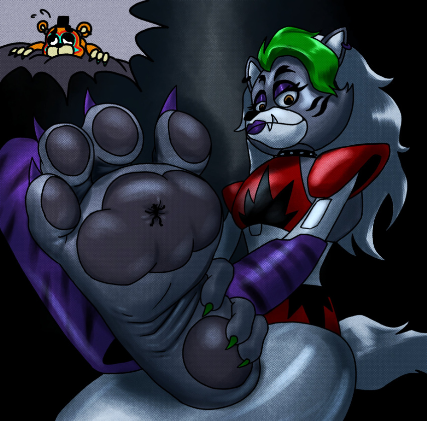 4_toes absurd_res animatronic anthro bear canid canine canis claws climbing_feet cosmicceternity duo extreme_size_difference feet female finger_claws five_nights_at_freddy's five_nights_at_freddy's:_security_breach foot_fetish glamrock_freddy_(fnaf) hi_res larger_female machine male male/female mammal micro on_foot pawpads robot roxanne_wolf_(fnaf) scottgames size_difference smaller_female soles steel_wool_studios toe_claws toes wolf