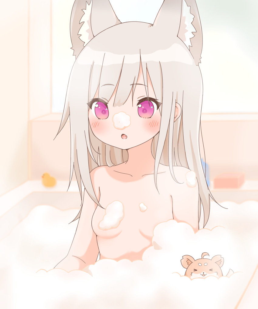 1girl :o animal_ear_fluff animal_ears animare bathing bathtub breasts commentary_request convenient_censoring fang highres long_hair purple_eyes shirochimaki shiromiya_mimi silver_hair skin_fang small_breasts soap_bubbles soap_censor virtual_youtuber
