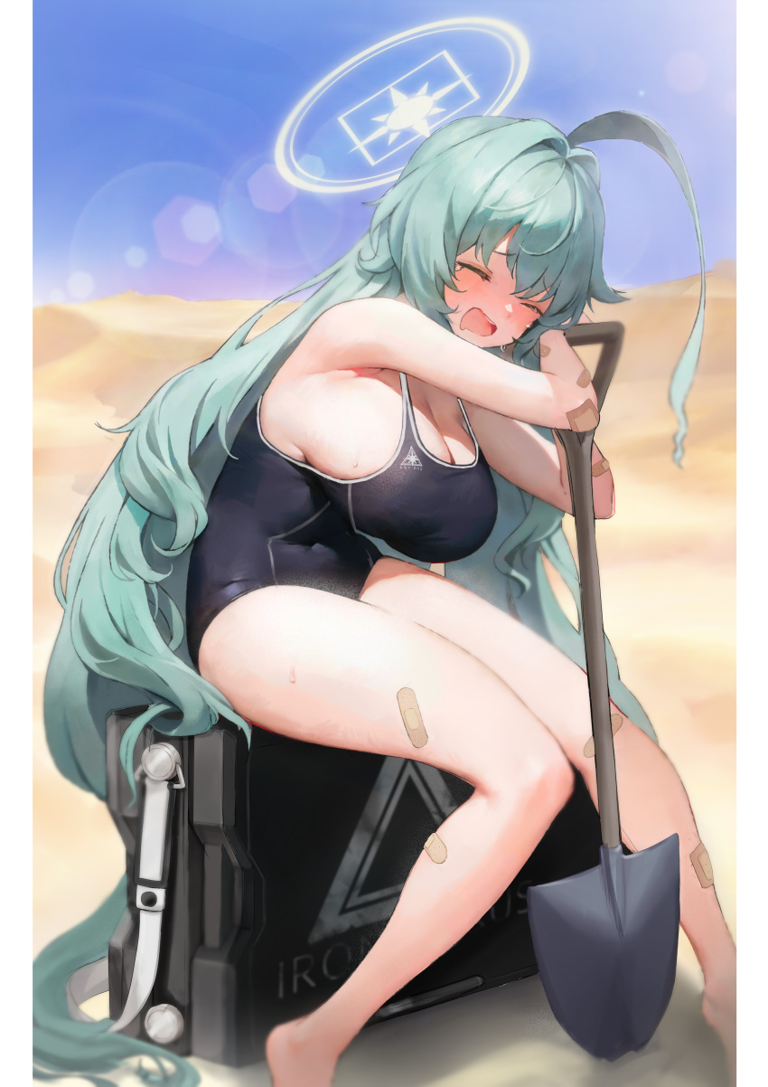 1girl absurdres abydos_high_school_swimsuit ahoge aqua_hair bandaid bandaid_on_arm bandaid_on_leg bare_legs barefoot black_one-piece_swimsuit blue_archive blush border breasts cleavage closed_eyes commentary dessert food halo highres hot large_breasts long_hair one-piece_swimsuit open_mouth outdoors school_swimsuit seewlee shovel sitting sitting_on_object solo swimsuit very_long_hair white_border yellow_halo yume_(blue_archive)