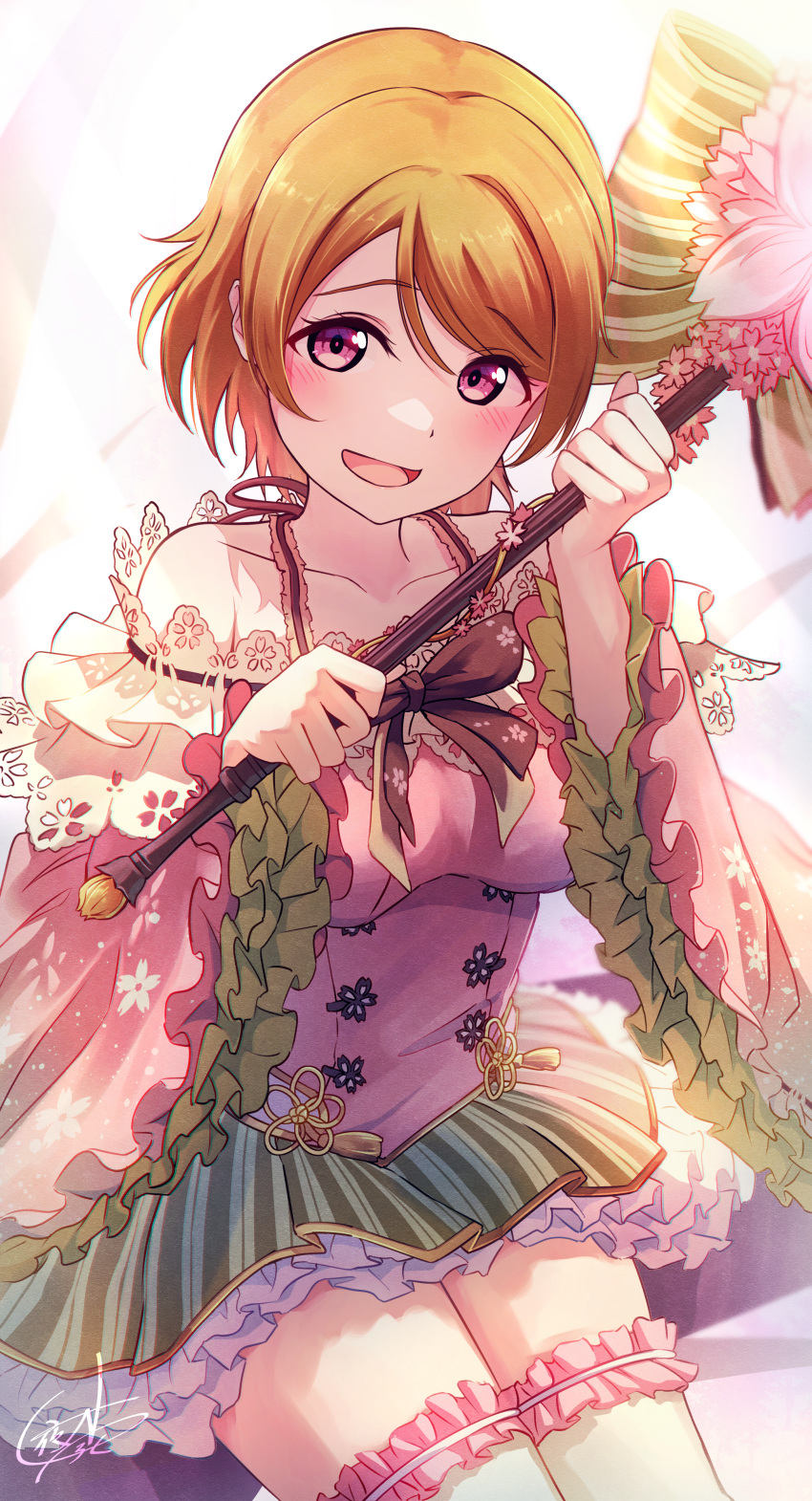1girl absurdres bare_shoulders blush breasts brown_hair commentary_request cowboy_shot frilled_sleeves frilled_thighhighs frills green_skirt highres holding holding_wand koizumi_hanayo long_sleeves looking_at_viewer love_live! love_live!_school_idol_festival_all_stars love_live!_school_idol_project magical_girl medium_breasts off-shoulder_shirt off_shoulder official_alternate_costume open_mouth pink_shirt purple_eyes shirt short_hair skirt solo striped_clothes striped_skirt swept_bangs thighhighs vertical-striped_clothes vertical-striped_skirt wand white_thighhighs wide_sleeves yatoroku zettai_ryouiki