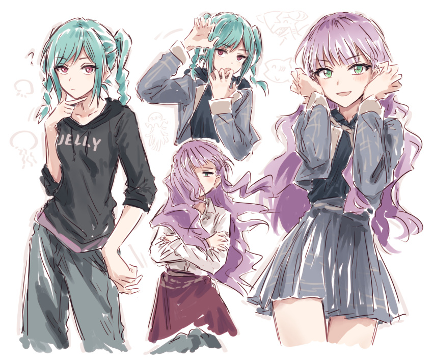 2girls :d ? aqua_hair black_hoodie black_shirt blunt_bangs braid claw_pose clothes_writing collarbone collared_shirt constricted_pupils cropped_legs cropped_torso doodle_inset finger_gun fish floating_hair furukawa_wanosuke garchomp green_eyes grey_jacket grey_pants grey_skirt hair_over_face hands_on_own_face highres hood hoodie jacket jellyfish long_hair looking_at_viewer love_live! love_live!_superstar!! multiple_girls multiple_views onitsuka_tomari open_mouth pants parted_bangs pokemon purple_hair red_eyes red_skirt shirt simple_background skirt smile twin_braids twintails wavy_hair white_background white_shirt wien_margarete