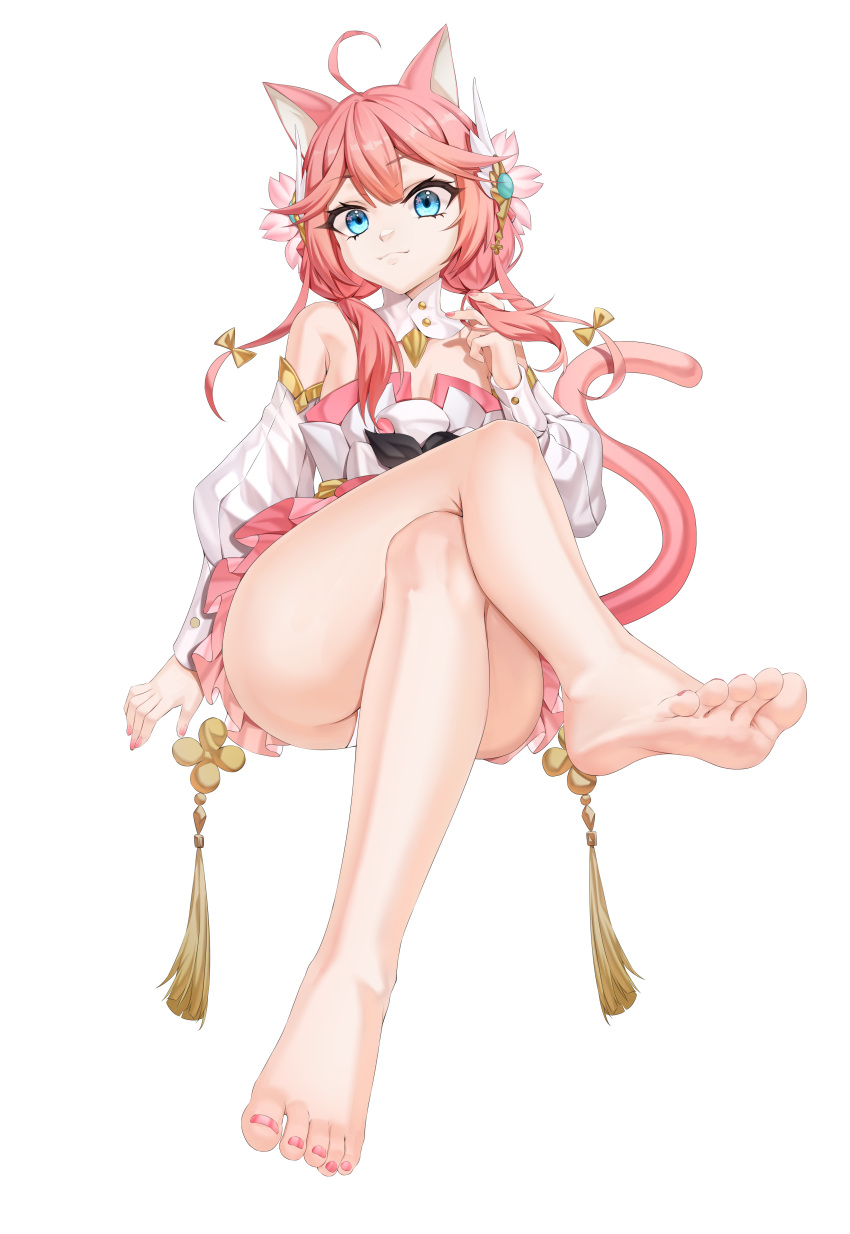 1girl absurdres animal_ears bare_legs barefoot blue_eyes breasts cat_ears cat_tail chinese_commentary classroom closed_mouth commentary_request convenient_leg crossed_legs detached_collar detached_sleeves dress eyelashes feet foot_focus foreshortening frilled_dress frills hair_ornament hand_up highres indie_virtual_youtuber indoors leaning_back legs long_hair looking_at_viewer nail_polish pink_dress pink_hair pink_nails sakurada_hane shadow shiny_skin short_dress sidelocks sitting small_breasts soles solo tail thighs toenail_polish toenails toes variant_set virtual_youtuber xo_(xo17800108)