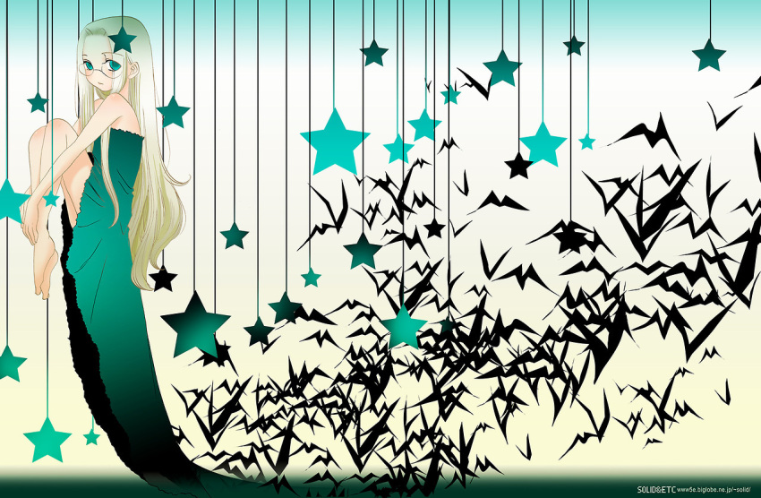 1girl aged_down aqua_dress aqua_eyes artist_name barefoot bat_(animal) blonde_hair child dress forehead from_side hellsing hugging_own_legs integra_hellsing long_hair looking_at_viewer solo star_(symbol) strapless strapless_dress toshimichi_yukari tube_dress very_long_hair web_address