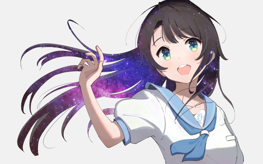 1girl blue_eyes blue_sailor_collar brown_hair gradient_hair highres holohoneygaoka_high_school_uniform holohoneygaoka_koukou hololive honeyworks looking_at_viewer multicolored_hair oozora_subaru open_mouth sailor_collar school_uniform shirt solo starry_hair taachika teeth upper_teeth_only virtual_youtuber white_background white_shirt