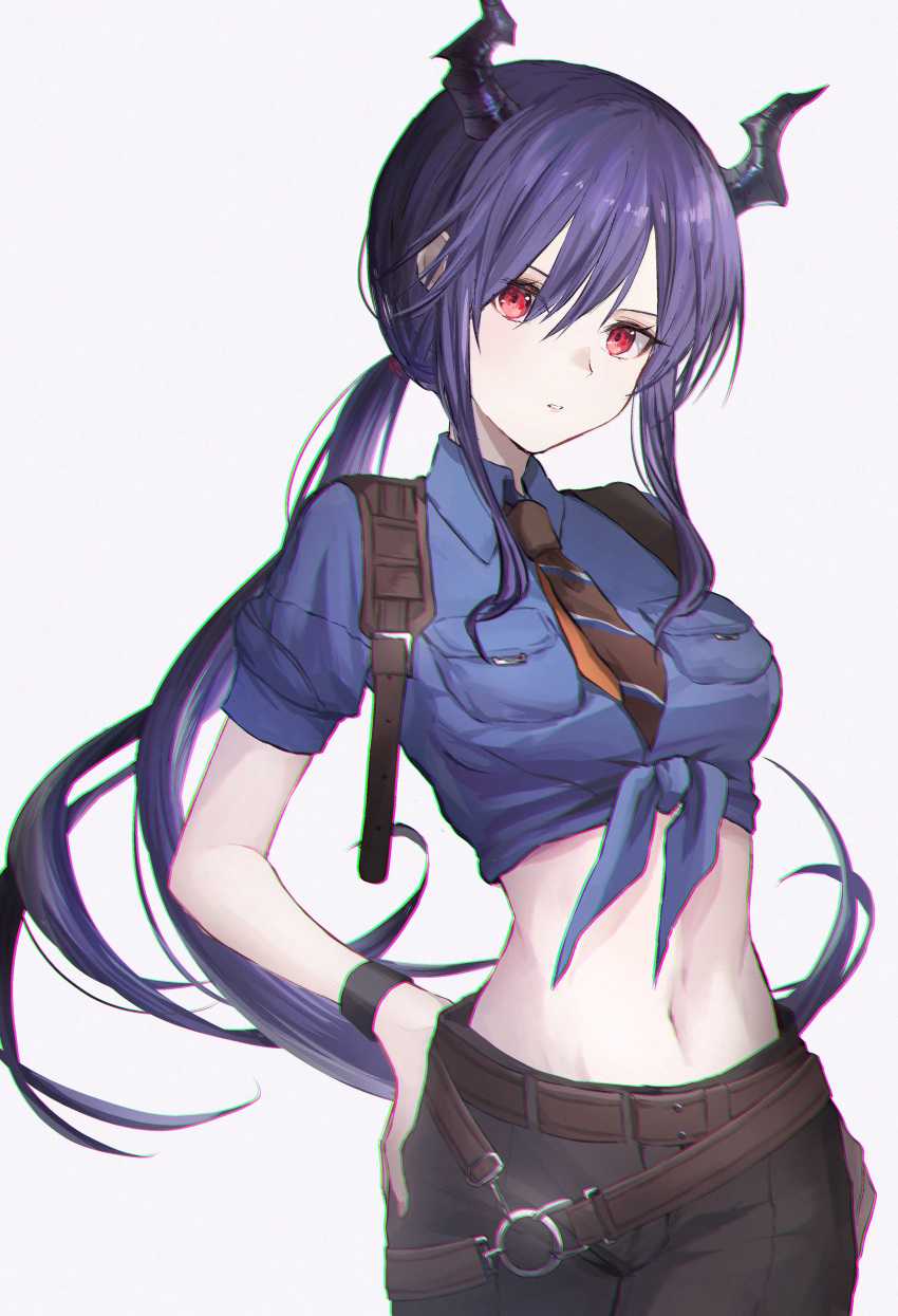1girl 99noe_honoka :o absurdres arknights belt black_necktie black_pants black_wristband blue_hair blue_shirt breast_pocket breasts brown_belt ch'en_(after_storm)_(arknights) ch'en_(arknights) chromatic_aberration collared_shirt commentary contrapposto cowboy_shot crop_top cropped_shirt diagonal-striped_clothes diagonal-striped_necktie dragon_girl dragon_horns expressionless eyelashes fingernails floating_hair hair_between_eyes hair_tie hands_on_own_hips head_tilt highres horns legs_together lips long_hair looking_at_viewer low_ponytail medium_breasts midriff navel necktie o-ring official_alternate_costume pale_skin pants parted_lips pocket police police_uniform policewoman ponytail puffy_short_sleeves puffy_sleeves purple_horns red_eyes shadow shirt short_sleeves shoulder_strap sidelocks simple_background solo standing stomach striped_clothes striped_necktie swept_bangs teeth tied_shirt uniform very_long_hair white_background wing_collar wristband