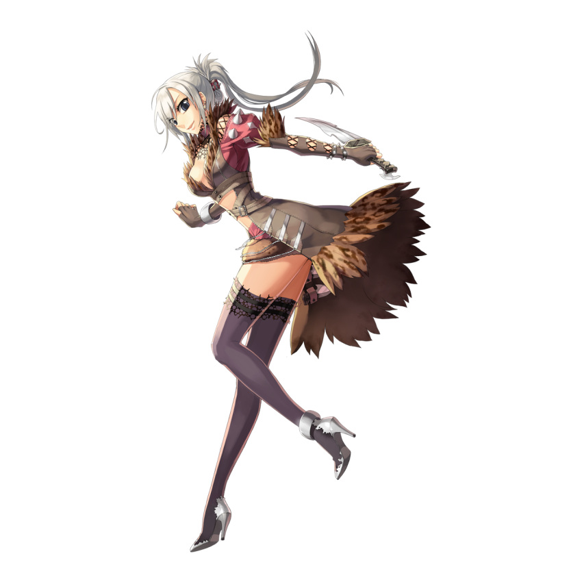 1girl animal_print black_eyes black_thighhighs breasts brown_coat brown_gloves brown_skirt closed_mouth coat cross-laced_clothes cross-laced_gloves dagger elbow_gloves fingerless_gloves folded_ponytail full_body fur-trimmed_coat fur_trim gloves grey_hair high_heels high_ponytail highres holding holding_dagger holding_knife holding_weapon knife leona_(pixiv) leopard_print long_hair looking_at_viewer looking_to_the_side miniskirt official_art ragnarok_online shadow_chaser_(ragnarok_online) simple_background skirt small_breasts smile solo standing standing_on_one_leg tachi-e thighhighs transparent_background weapon