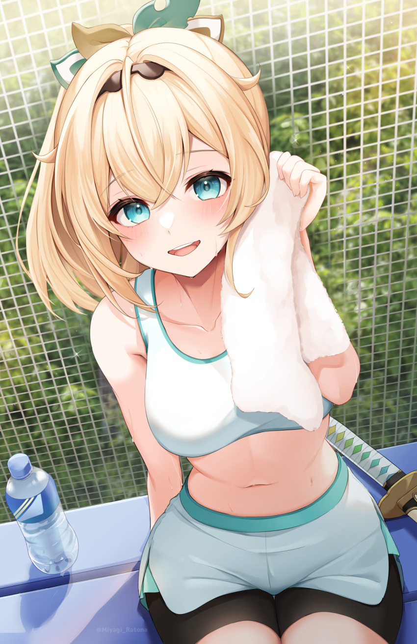 1girl alternate_costume bare_shoulders bench blonde_hair blue_eyes blush bottle breasts chain-link_fence commentary_request cowboy_shot day dutch_angle fence highres holding holding_towel hololive katana kazama_iroha looking_at_viewer medium_hair midriff miyagi_ratona navel on_bench open_mouth outdoors sheath sheathed short_shorts shorts sitting smile solo sports_bra sportswear sweat sword tareme towel twitter_username virtual_youtuber water_bottle watermark weapon white_sports_bra wiping_sweat