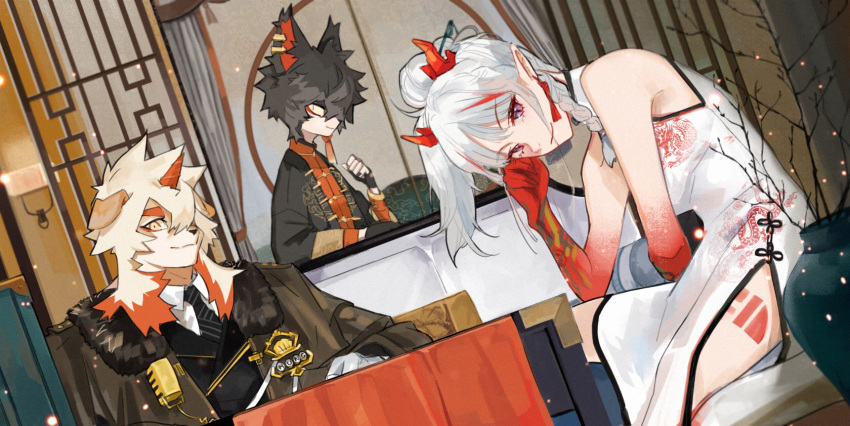 1girl 2boys aak_(arknights) aak_(doctor_of_faces)_(arknights) animal_ears arknights bangs bare_shoulders black_hair black_jacket black_neckwear braid cat_ears china_dress chinese_clothes commentary_request dress dutch_angle eyebrows_visible_through_hair furry hand_up highres horns hung_(arknights) hung_(just_a_driver)_(arknights) ichigatsuai jacket long_hair looking_at_viewer multicolored_hair multiple_boys necktie nian_(arknights) nian_(unfettered_freedom)_(arknights) open_clothes open_jacket pointy_ears purple_eyes red_hair short_hair silver_hair sitting sleeveless sleeveless_dress smile streaked_hair upper_body white_dress