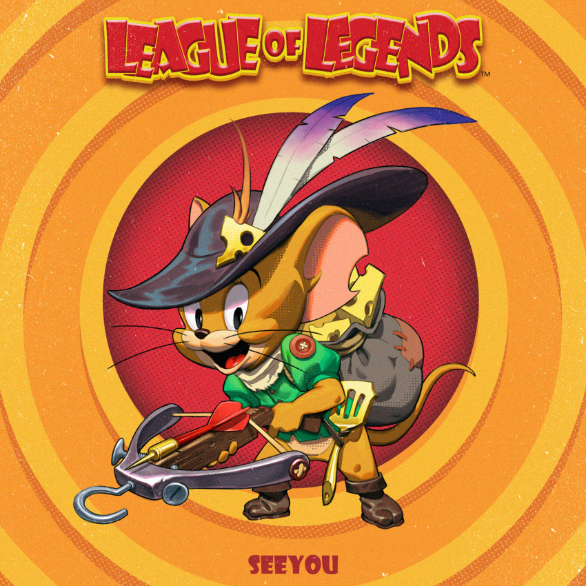 1boy :d animal_ears bag black_headwear brown_footwear cheese cheese_hair_ornament colored_skin cosplay crossbow food food-themed_hair_ornament green_shirt hair_ornament hat_feather highres holding holding_crossbow holding_weapon jerry_(tom_and_jerry) league_of_legends mouse_boy mouse_ears mouse_tail open_mouth orange_skin puffy_short_sleeves puffy_sleeves see_you shirt shoes short_sleeves smile solo spatula standing tail tom_and_jerry tongue twitch_(league_of_legends) twitch_(league_of_legends)_(cosplay) weapon