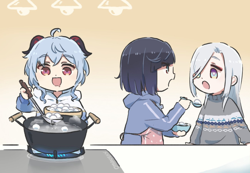 3girls ahoge alternate_costume apron black_hair blue_eyes blue_hair blue_hoodie boiling bowl chinese_commentary closed_mouth commentary_request cooking drooling food ganyu_(genshin_impact) genshin_impact glutton goat_horns gradient_background gradient_hair green_eyes grey_hair grey_sweater hair_between_eyes hair_over_one_eye hand_up holding holding_bowl hood hoodie horns lamp lantern_festival long_hair long_sleeves looking_at_another looking_down multicolored_eyes multicolored_hair multiple_girls open_mouth orange_background pink_apron polka_dot polka_dot_apron puffy_long_sleeves puffy_sleeves purple_eyes saucepan shenhe_(genshin_impact) short_hair sidelocks single_stripe smile standing star_(symbol) star_print steam striped_clothes striped_sweater sweater table tangyuan tongue turtleneck turtleneck_sweater v-shaped_eyebrows water white_background white_hoodie xinzoruo yelan_(genshin_impact) yellow_eyes