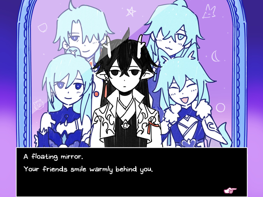 2girls 3boys :3 ahoge animal_ears baiheng_(honkai:_star_rail) black_eyes black_hair blade_(honkai:_star_rail) blue_eyes blue_hair chinese_clothes dan_feng_(honkai:_star_rail) dan_heng_(honkai:_star_rail) dan_heng_(imbibitor_lunae)_(honkai:_star_rail) dialogue_box earrings fox_ears fox_tail hair_between_eyes hair_bun hair_over_one_eye highres honkai:_star_rail honkai_(series) horns jewelry jing_yuan jingliu_(honkai:_star_rail) looking_at_mirror mirror mirukupowda multiple_boys multiple_girls omori scene_reference short_hair single_earring tail