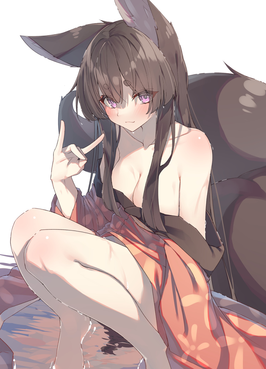 1girl animal_ears bare_shoulders barefoot blush breasts brown_hair closed_mouth fox_ears fox_girl fox_shadow_puppet fox_tail hair_censor highres japanese_clothes kimono long_hair looking_at_viewer medium_breasts multiple_tails off_shoulder original pink_eyes red_kimono shiro_youduki sidelocks sitting solo tail water wet wet_clothes wet_hair white_background wide_sleeves