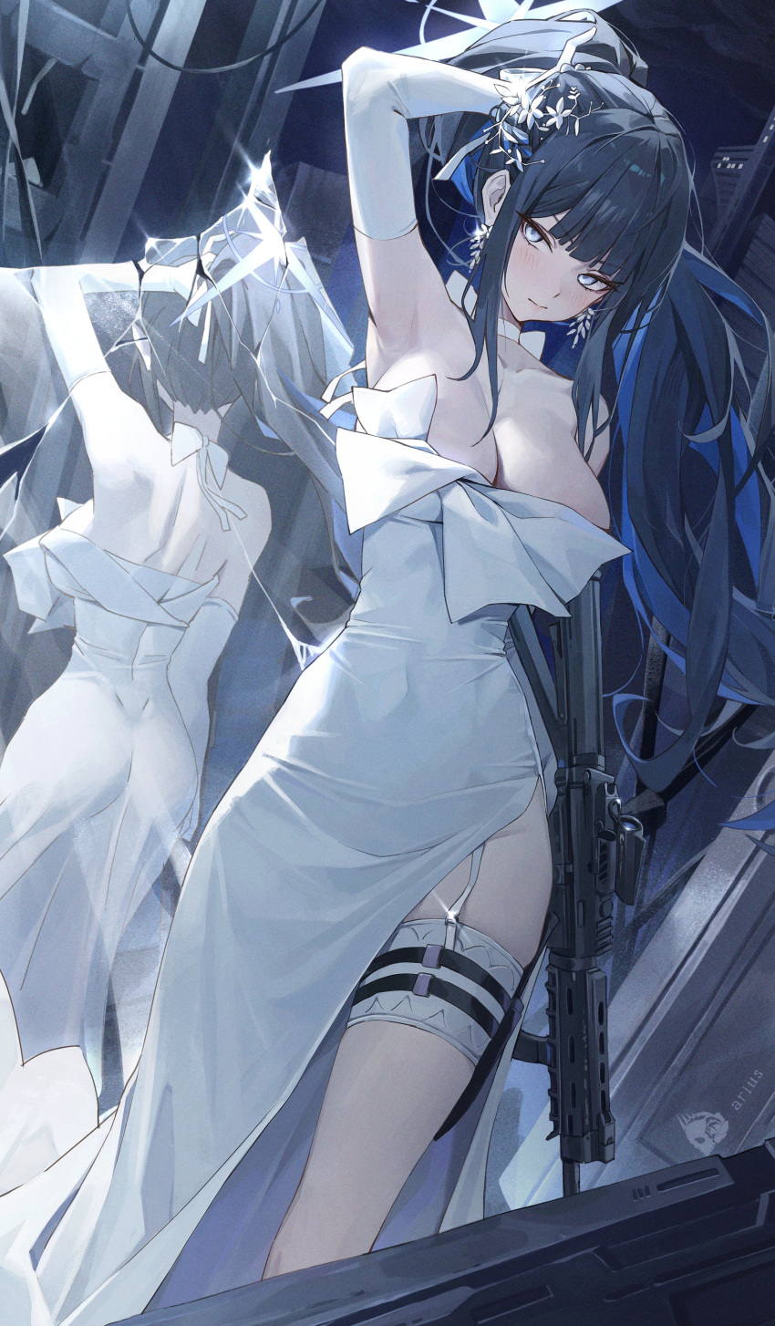 1girl absurdres black_hair blue_archive blue_eyes blue_hair blue_halo breasts choker colored_inner_hair dress elbow_gloves gloves gun halo highres large_breasts long_hair looking_at_viewer machine_gun multicolored_hair netural official_alternate_costume saori_(dress)_(blue_archive) solo strapless strapless_dress weapon white_choker white_dress white_gloves
