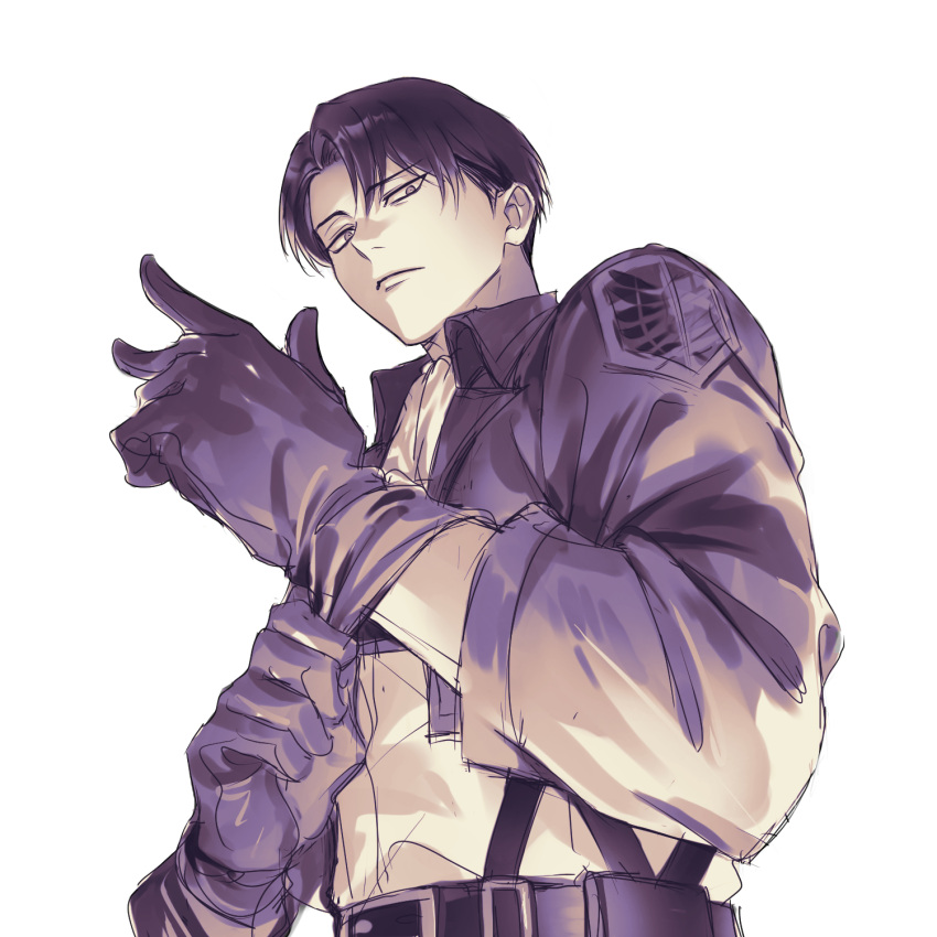 1boy belt commentary_request cropped_jacket from_below gloves highres korean_commentary levi_(shingeki_no_kyojin) monochrome oomoo_doc9 paradis_military_uniform shingeki_no_kyojin shirt short_hair simple_background solo survey_corps_(emblem) suspenders upper_body white_background