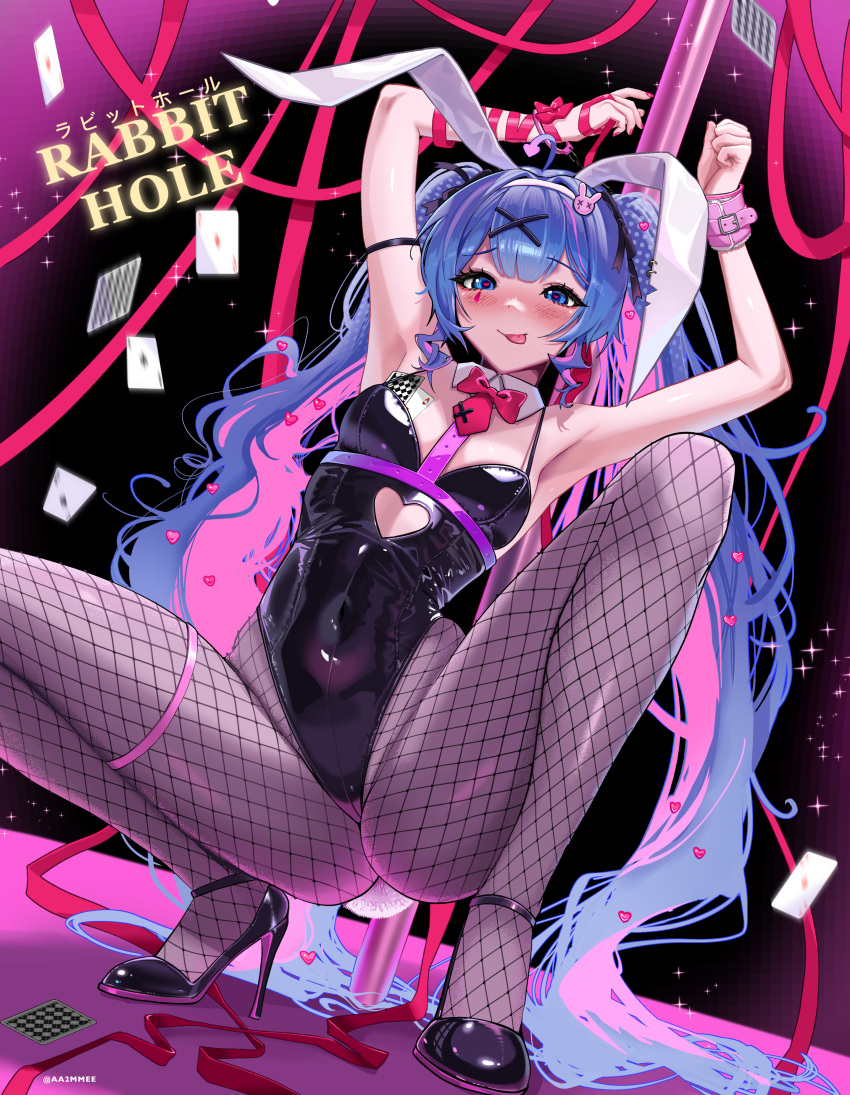 1girl aa2mee absurdres animal_ears arms_up black_leotard blue_eyes blue_hair bow bowtie card collar detached_collar english_commentary english_text fake_animal_ears fake_tail fishnet_pantyhose fishnets hair_ornament hands_up hatsune_miku heart heart-shaped_pupils high_heels highres leotard long_hair looking_at_viewer pantyhose pink_bow pink_bowtie pink_nails playboy_bunny playing_card pole rabbit_ears rabbit_hole_(vocaloid) rabbit_tail red_ribbon ribbon smile solo squatting symbol-shaped_pupils tail tongue tongue_out twintails twitter_username vocaloid white_collar x_hair_ornament