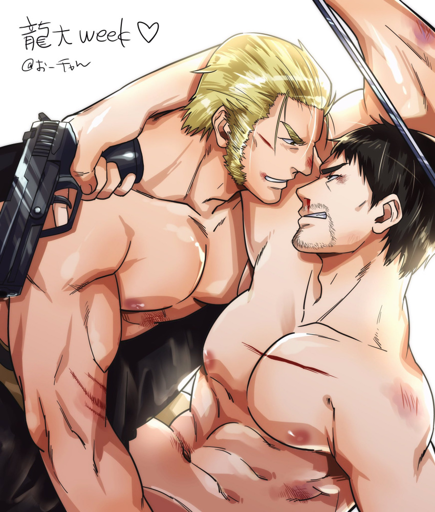 2boys abs bara blonde_hair blood blood_on_face cuts duel eye_contact face-to-face facial_hair from_side goatee_stubble gun highres holding holding_gun holding_sword holding_weapon injury long_sideburns looking_at_another male_focus mature_male multiple_boys muscular muscular_male mustache_stubble navel nipples pectorals profile ryuu_ga_gotoku_(series) sekigan_no_samurai_(gatu_1221) short_hair sideburns stubble sword topless_male translation_request weapon yaoi