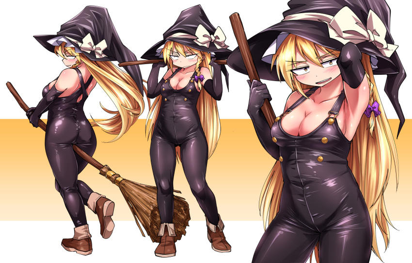 1girl alternate_costume black_gloves black_headwear blonde_hair braid breasts broom brown_footwear cleavage elbow_gloves gloves grumpy hat highres kirisame_marisa long_hair medium_breasts multiple_views no_bra shimizu_pem side_braid smile standing touhou witch_hat