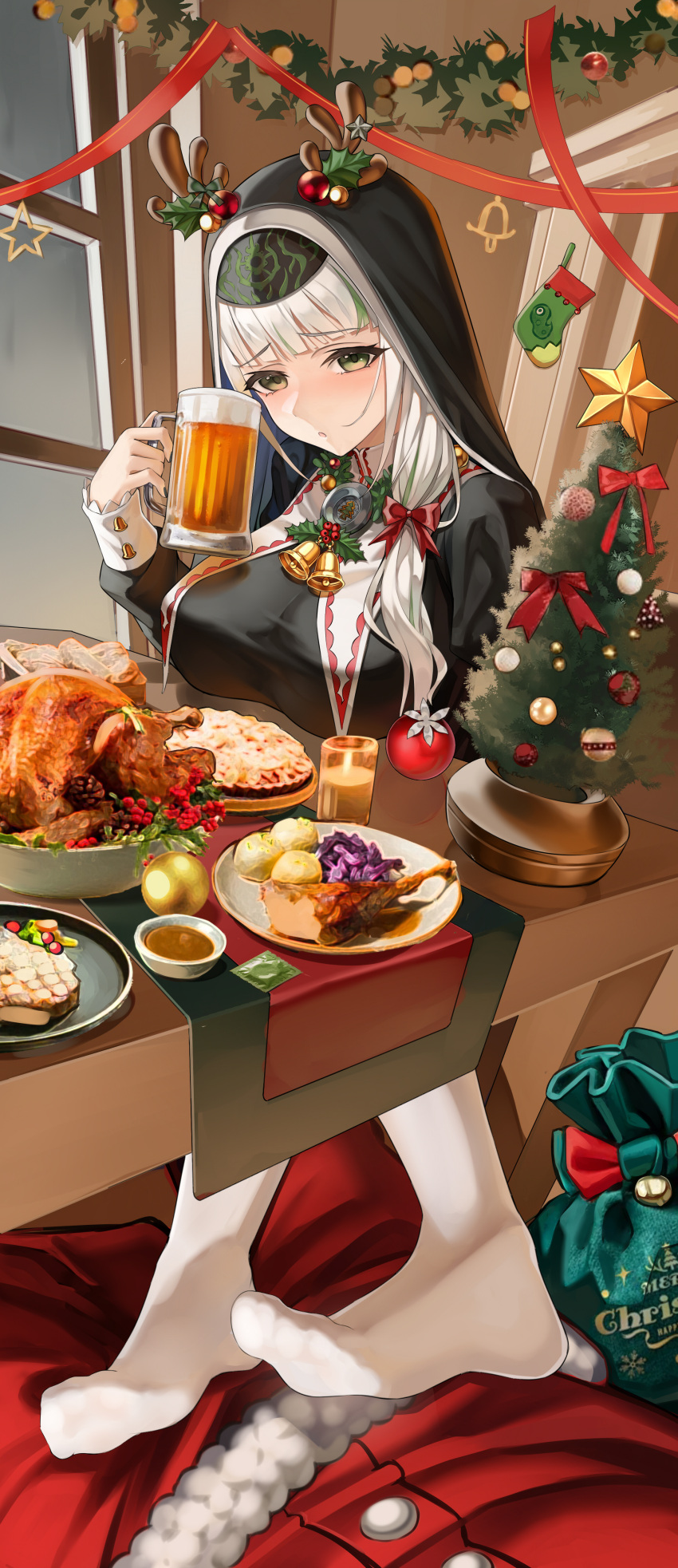 1girl 1other absurdres alcohol beer beer_mug blush breasts candle christmas_ornaments closed_mouth commentary_request condom cup doorway fake_antlers feet food gravy green_eyes grey_hair habit highres holding holding_cup indoors large_breasts long_hair mini_christmas_tree mug no_shoes nun original pantyhose parasister_(vtuber) pie plate ribbon santa_costume soles solo_focus star_(symbol) table toes turkey_(food) very_long_hair virtual_youtuber white_pantyhose windowsill xo_(xo17800108)