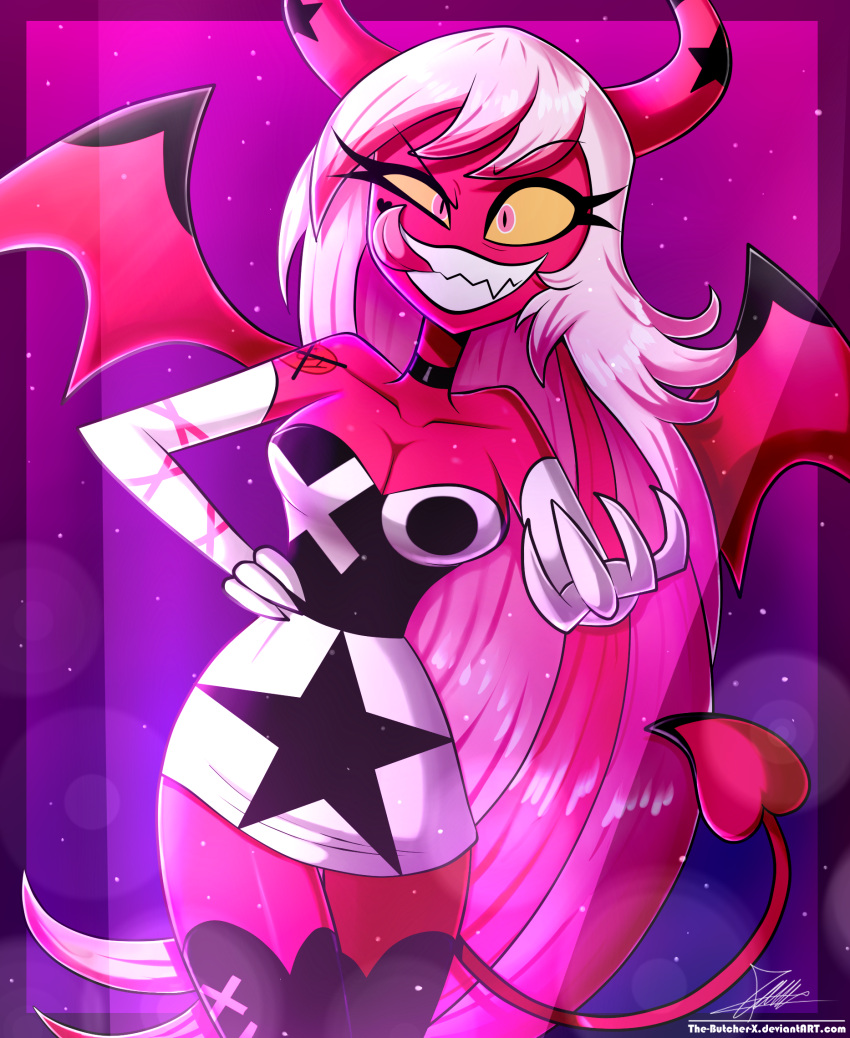 2021 breasts cleavage clothed clothing demon deviantart dress female gloves handwear helluva_boss hi_res horn humanoid looking_at_viewer not_furry signature solo succubus tattoo teeth text the-butcher-x tongue tongue_out url verosika_mayday_(vivzmind) wings