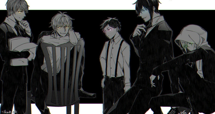 5boys arm_behind_head atsushi_toushirou blue_eyes chair closed_mouth finger_to_own_chin glowing glowing_eyes greyscale grin hand_on_own_hip ichigo_hitofuri knees_together_feet_apart long_sleeves mikazuki_munechika monochrome multiple_boys necktie paper purple_eyes sasasaki sitting sitting_backwards smile spot_color suit suspenders touken_ranbu tsurumaru_kuninaga twitter_username yamanbagiri_kunihiro yellow_eyes