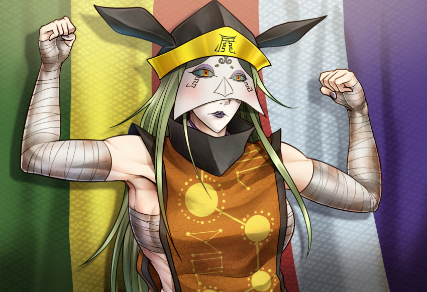 1girl arm_wrap black_headwear black_lips black_nails breasts closed_mouth commentary_request flexing gold green_hair hat large_breasts long_hair manatsu_no_yo_no_inmu masked matara_okina orange_eyes orange_tabard parody ryuuichi_(f_dragon) sarashi solo tabard touhou upper_body