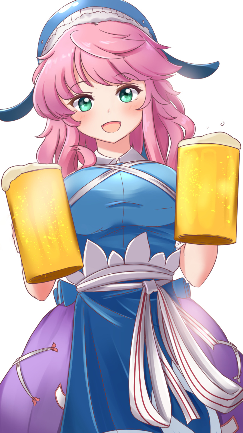 1girl :d absurdres alcohol animal_hat apron beer beer_mug blue_apron blue_headwear blue_shirt breasts cowboy_shot cup green_eyes hat highres holding holding_cup long_hair looking_at_viewer lykesya medium_breasts mug okunoda_miyoi pink_hair purple_skirt shirt short_sleeves simple_background skirt smile solo touhou whale_hat white_background