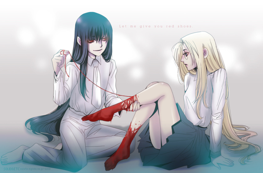 2girls aged_down alucard_(hellsing) barefoot black_eyeliner black_hair blonde_hair blood_on_feet breasts english_text eyeliner girlycard hellsing integra_hellsing long_bangs long_hair makeup medium_skirt multiple_girls neckerchief pleated_skirt red_eyes sitting skirt small_breasts smile string toshimichi_yukari very_long_hair white_neckerchief