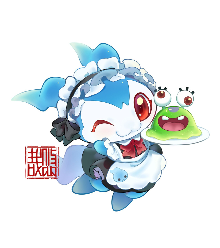 artist_logo chibimon chicomon digimon digimon_(creature) highres holding holding_plate looking_at_viewer maid no_humans numemon one_eye_closed open_mouth plate red_eyes simple_background smile watermark white_background youzaiyouzai112