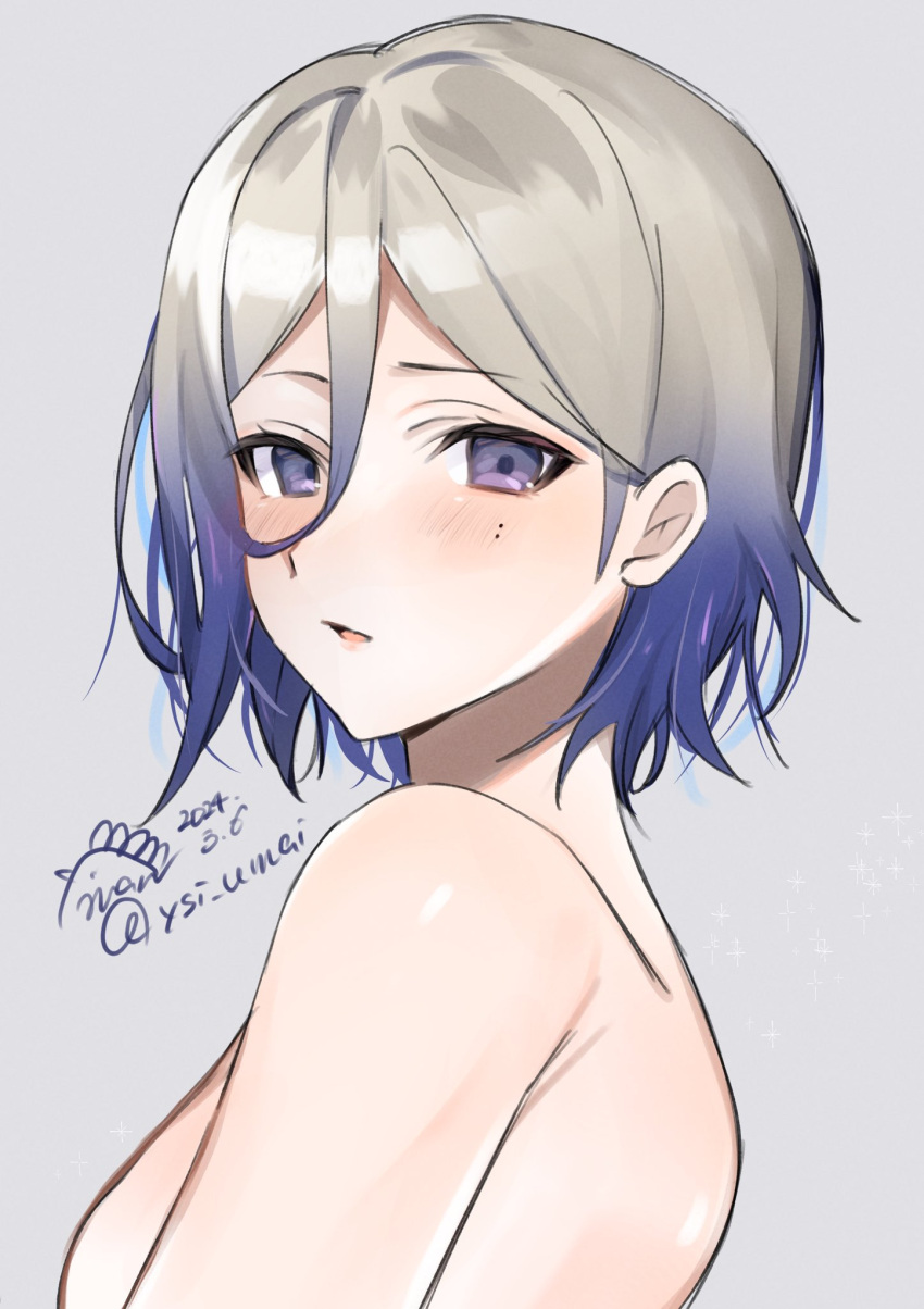 1girl blue_hair blush breasts dated grey_background grey_hair hair_between_eyes highres jean_bart_(kancolle) kantai_collection looking_at_viewer mole mole_under_eye multicolored_hair nude one-hour_drawing_challenge parted_lips purple_eyes short_hair simple_background solo toriniku_senshi_chikinman twitter_username upper_body