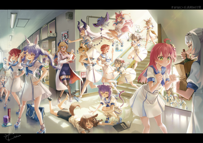 6+girls :d ;d ahoge animal_ears armband bag bird black_footwear blonde_hair blue_eyes blue_footwear blue_hair blue_neckerchief blue_sailor_collar book bottle carrying cat_ears cat_tail closed_eyes crow_(la+_darknesss) dog_ears dog_tail fallen_down falling fox_ears fox_tail gawr_gura green_eyes grey_hair gun hakui_koyori handgun high_heels highres holding holding_bottle holding_gun holding_weapon holohoneygaoka_high_school_uniform holohoneygaoka_koukou hololive hololive_english hololive_indonesia horns hoshimachi_suisei houshou_marine indoors inugami_korone jumping kazama_iroha kito_koruta kureiji_ollie la+_darknesss long_hair moona_hoshinova mr._squeaks_(hakos_baelz) multiple_girls murasaki_shion neckerchief nekomata_okayu omaru_polka one_eye_closed paper_bag pencil_as_mustache phone_with_ears pink_hair rabbit_ears red_eyes red_hair sailor_collar sakamata_chloe sakura_miko school_bag school_uniform serafuku shirt shishiro_botan short_hair shoulder_carry signature skirt smile socks stairs standing subaru_duck tail takane_lui tokino_sora tokoyami_towa translation_request twintails usada_pekora v-shaped_eyebrows v_over_eye weapon white_hair white_shirt white_skirt white_socks yuzuki_choco yuzuki_choco_(1st_costume)