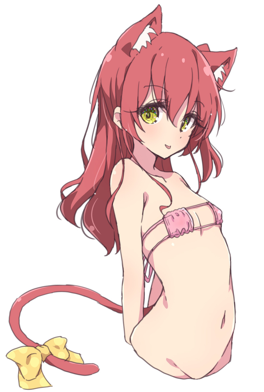 1girl :p animal_ear_fluff animal_ears bikini bikini_top_only bocchi_the_rock! bow breasts cat_ears cat_girl cat_tail eyepatch_bikini green_eyes highres kemonomimi_mode kita_ikuyo long_hair looking_at_viewer mel_(melty_pot) navel pink_bikini polka_dot polka_dot_bow simple_background small_breasts solo swimsuit tail tail_bow tail_ornament tongue tongue_out white_background yellow_bow