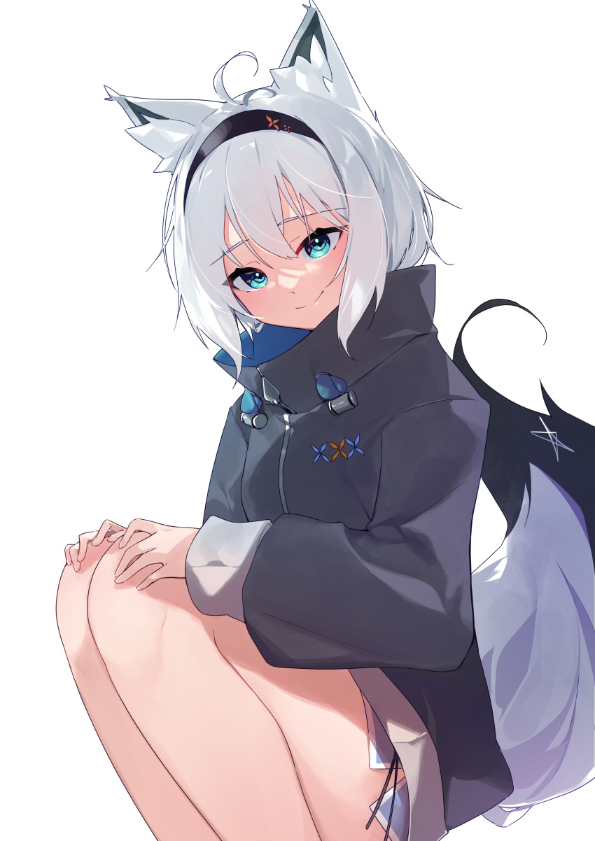 1girl absurdres ahoge animal_ear_fluff animal_ears aqua_eyes black_hairband black_jacket fox_ears fox_girl fox_tail hair_between_eyes hairband hands_on_own_knees hashtag_only_commentary high_collar highres hololive jacket long_sleeves ninjyang0903 official_alternate_costume pentagram shirakami_fubuki shirakami_fubuki_(7th_costume) short_hair sidelocks simple_background smile solo squatting tail thighs virtual_youtuber white_background white_hair