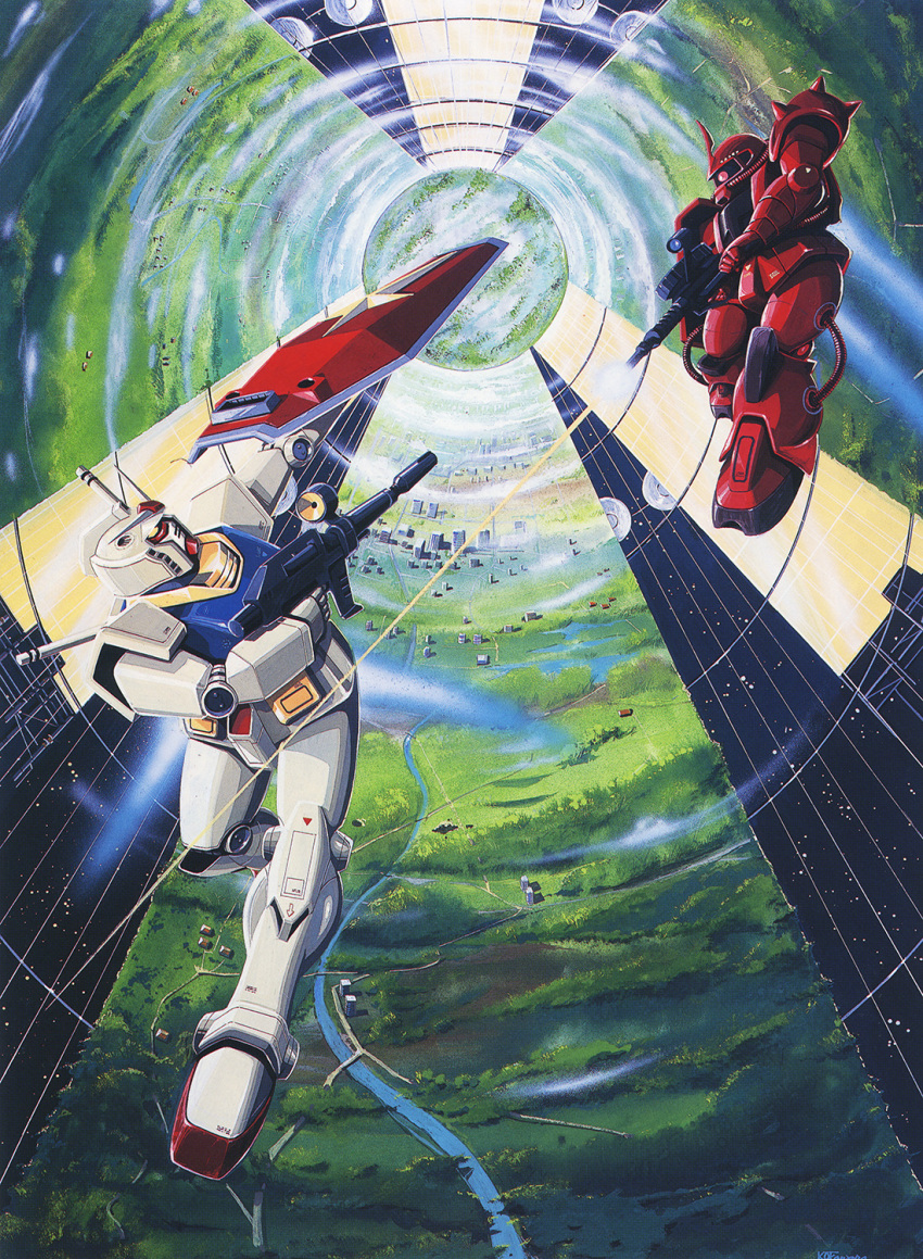 1970s_(style) 1980s_(style) aiming artist_request battle beam_rifle cable cityscape cloud duel energy_gun flying forest grass gun gundam highres machine_gun machinery mecha mobile_suit mobile_suit_gundam nature no_humans o'neill_cylinder official_art one-eyed painting_(medium) production_art radio_antenna retro_artstyle river road robot rx-78-2 scan science_fiction scope shield shoulder_spikes solar_panel space_station spikes thrusters traditional_media v-fin vernier_thrusters weapon window zaku_ii_s_char_custom