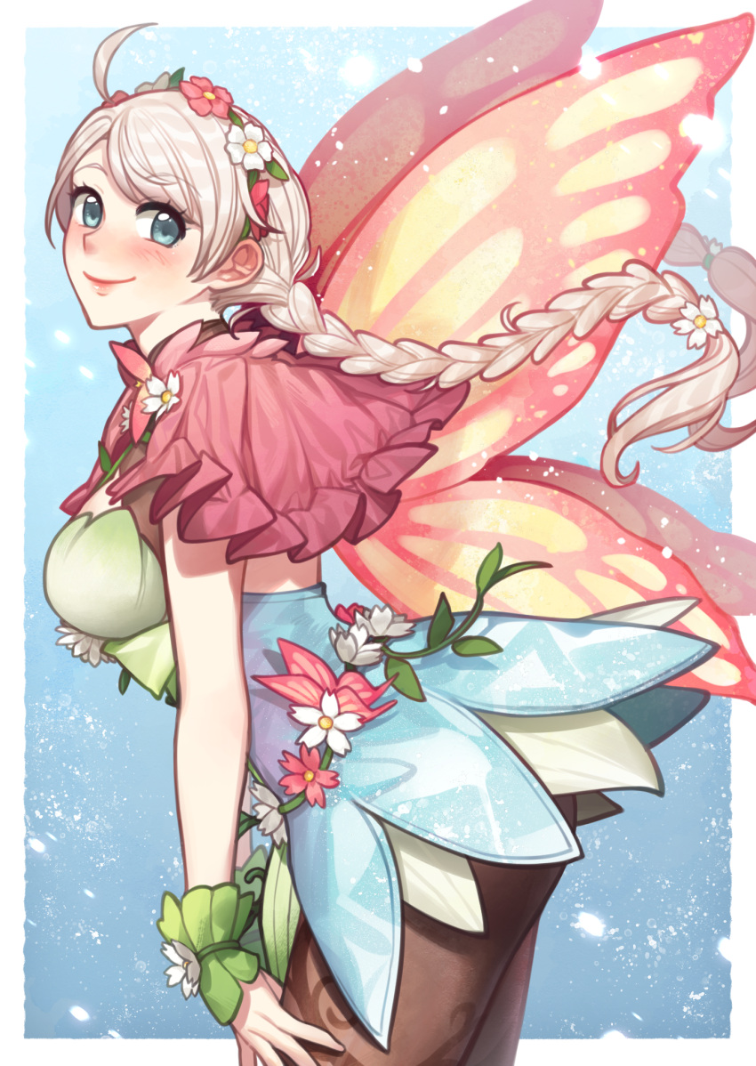 1girl ahoge blue_eyes braid breasts butterfly_wings capelet commission commissioner_upload fairy_wings fire_emblem fire_emblem_fates fire_emblem_heroes flower_bracelet gradient_clothes green_bracelet grey_hair hair_vines highres hiomaika insect_wings leaf_bracelet low_twin_braids low_twintails medium_breasts nina_(fire_emblem) nina_(resplendent)_(fire_emblem) parted_bangs pink_capelet solo twin_braids twintails vine_belt vine_bracelet vine_harness vine_print wings