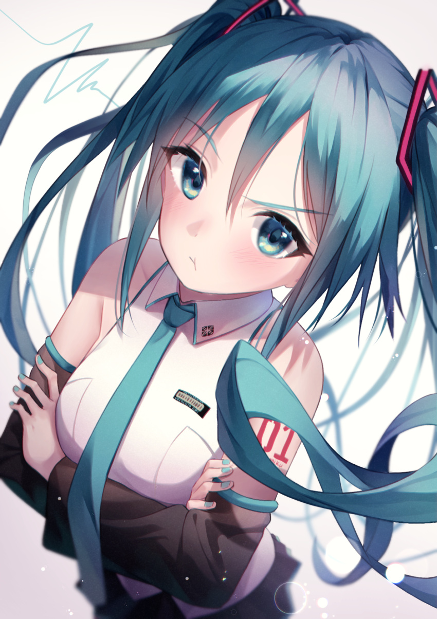 1girl angry aqua_eyes aqua_hair aqua_nails aqua_neckwear bare_shoulders black_skirt black_sleeves blurry blurry_background commentary crossed_arms depth_of_field detached_sleeves floating_hair from_above hair_ornament hatsune_miku highres light_blush long_hair looking_at_viewer nail_polish necktie pout shirt shoulder_tattoo shun'ya_(daisharin36) skirt sleeveless sleeveless_shirt solo sound_wave tattoo twintails upper_body very_long_hair vocaloid white_shirt