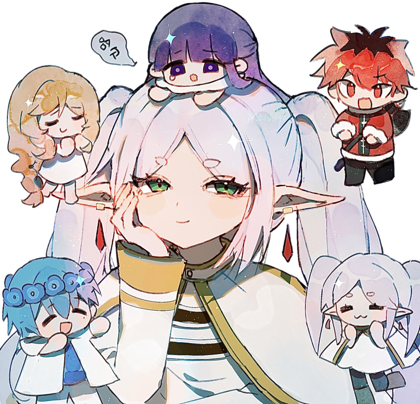 2boys 3girls axe azhiichigo black_hair blue_hair blunt_bangs brown_hair capelet chibi chinese_commentary chinese_text cloak closed_mouth commentary_request earrings elf fern_(sousou_no_frieren) frieren gold_trim green_eyes half-closed_eyes head_wreath highres himmel_(sousou_no_frieren) jewelry long_hair long_pointy_ears long_sleeves looking_at_viewer methode_(sousou_no_frieren) multicolored_hair multiple_boys multiple_girls parted_bangs pointy_ears purple_eyes purple_hair red_eyes red_hair short_hair simple_background smile sousou_no_frieren speech_bubble stark_(sousou_no_frieren) translation_request twintails two-tone_hair upper_body weapon weapon_on_back white_background white_capelet white_cloak white_hair