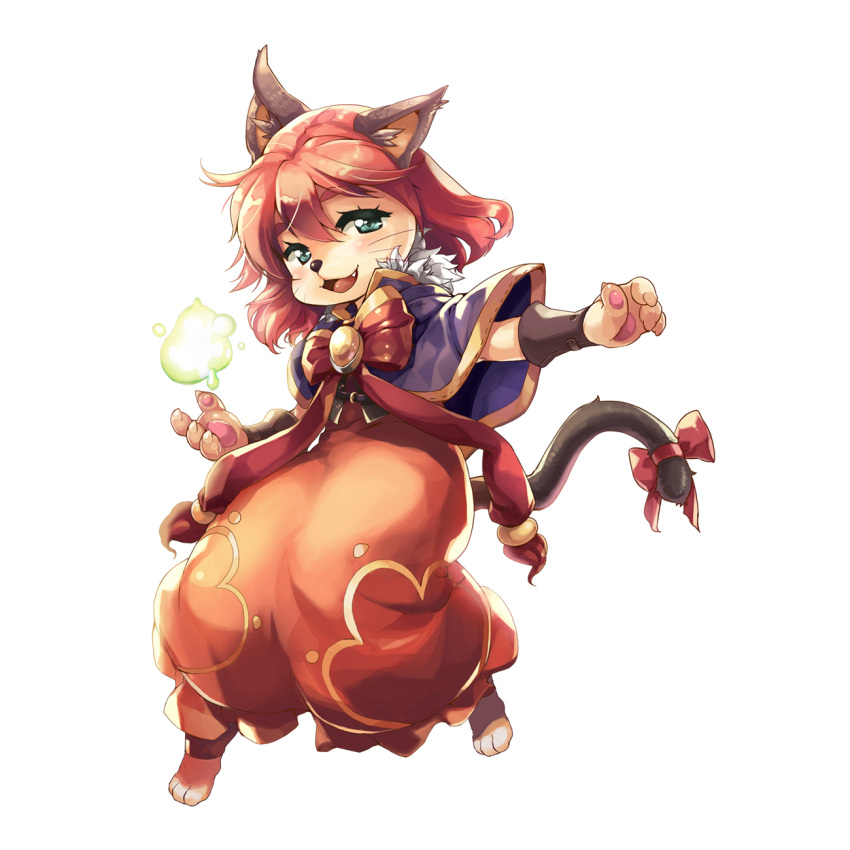 1girl animal_ears barefoot blush bow bowtie capelet cat_ears cat_girl cat_tail dress fang flat_chest full_body furry furry_female green_eyes hair_between_eyes highres leona_(pixiv) looking_at_viewer magic medium_bangs official_art open_mouth orange_dress pink_hair purple_capelet ragnarok_online red_bow red_bowtie short_hair simple_background smile solo standing summoner_(ragnarok_online) tachi-e tail tail_bow tail_ornament transparent_background vambraces whiskers