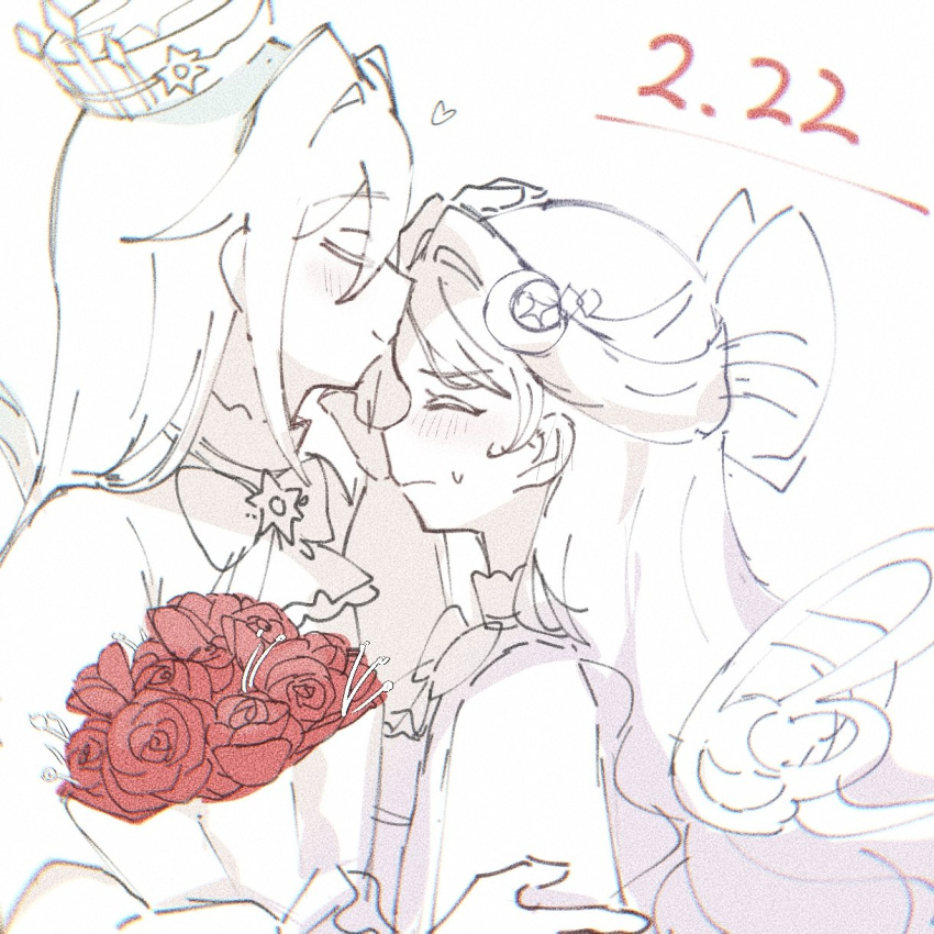ascot blush bouquet bow bowtie closed_eyes closed_mouth crown dated flower greyscale hair_bow hair_intakes hand_on_another's_arm hand_on_another's_head hao02909434040 heart highres holding holding_bouquet kiratto_pri_chan kiss kissing_forehead long_hair luluna_(pri_chan) monochrome pretty_series red_flower red_rose rose smile solulu spot_color sweatdrop upper_body