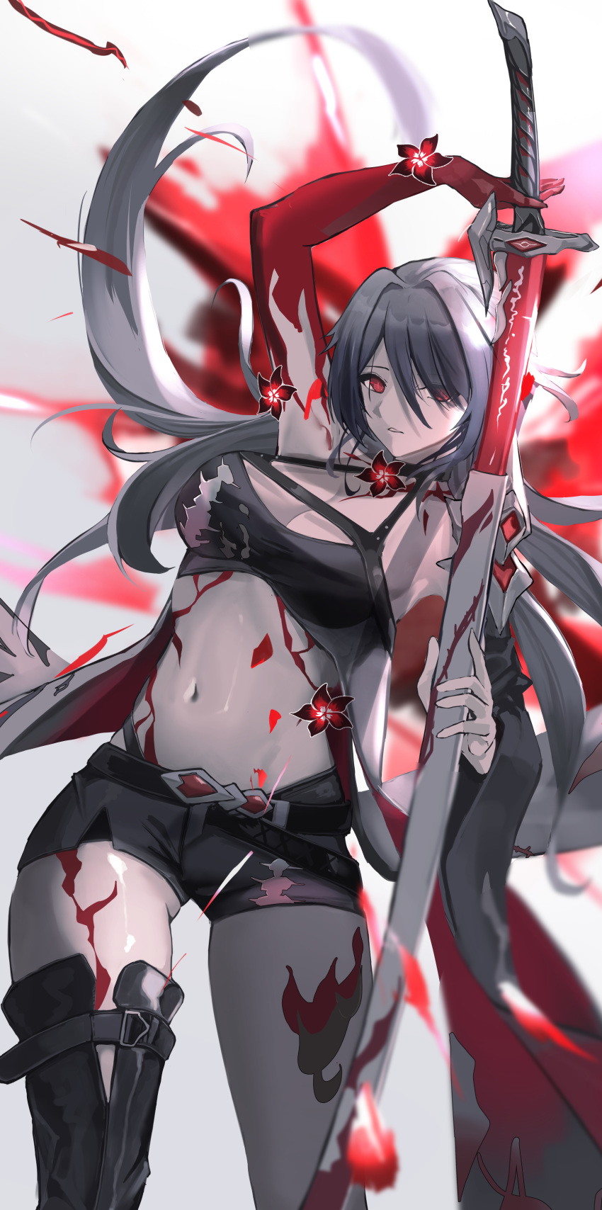 1girl absurdres acheron_(honkai:_star_rail) arm_up black_shorts breasts cleavage commentary cowboy_shot crop_top grey_hair highres holding holding_sword holding_weapon honkai:_star_rail honkai_(series) katana large_breasts leg_tattoo long_hair looking_at_viewer midriff navel nnn_(nonightnomad) official_alternate_color red_eyes scabbard sheath short_shorts shorts solo standing stomach sword tattoo thighs unsheathing very_long_hair weapon