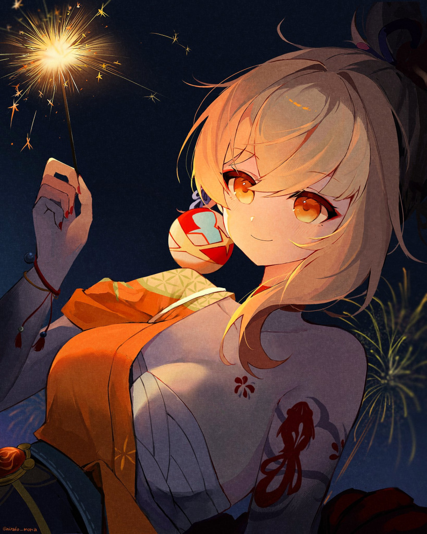 1girl arm_tattoo artist_name blonde_hair bracelet breasts chest_sarashi chest_tattoo choker cleavage closed_mouth collarbone commentary_request fireworks fish_tattoo flower_tattoo genshin_impact hadanugi_dousa hand_up highres holding_fireworks japanese_clothes jewelry kimono long_hair night nirako_mona orange_eyes orange_kimono outdoors red_choker red_nails sarashi single_bare_shoulder smile solo sparkler tattoo upper_body yoimiya_(genshin_impact)