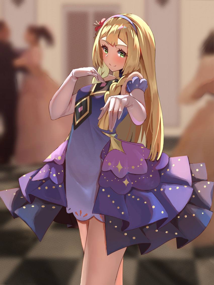 1girl bare_shoulders blonde_hair blurry blurry_background blush depth_of_field dress elbow_gloves flower gloves green_eyes hair_flower hair_ornament highres indoors lillie_(anniversary_2021)_(pokemon) lillie_(pokemon) long_hair looking_at_viewer momdy_(talesshinja) official_alternate_costume pokemon pokemon_masters_ex purple_dress red_flower sleeveless sleeveless_dress solo white_gloves