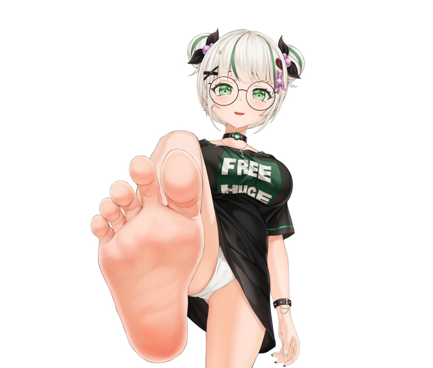 1girl absurdres barefoot black_choker black_shirt bracelet breasts choker commentary_request double_bun feet glasses greek_toe green_eyes green_hair grey_hair hair_bun hair_ornament highres jewelry large_breasts multicolored_hair open_mouth original panties parasister_(vtuber) round_eyewear shirt simple_background smile soles solo standing standing_on_one_leg streaked_hair toes underwear white_background x_hair_ornament xo_(xo17800108)