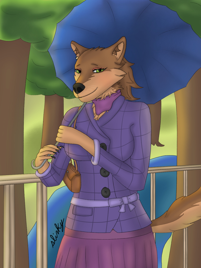 anthro black_nose bottomwear brown_body brown_fur clothing creek ear_piercing female fleshslinky fluffy fur green_eyes happy hi_res holding_object jacket looking_at_viewer makeup neckwear nicole_(fleshslinky) outside piercing plant purple_outfit purse skirt smile smiling_at_viewer solo topwear tree umbrella