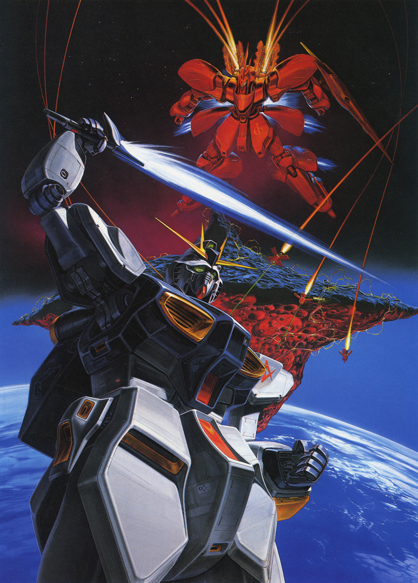 asteroid axis_(gundam) beam_saber bit_(gundam) char's_counterattack cloud concept_art earth_(planet) earth_federation_space_forces firing gundam highres in_orbit machinery mecha mobile_suit neo_zeon no_humans nu_gundam official_art painting_(medium) planet poster_(medium) promotional_art robot roundel sazabi scan shield space space_station starry_background thrusters traditional_media vernier_thrusters