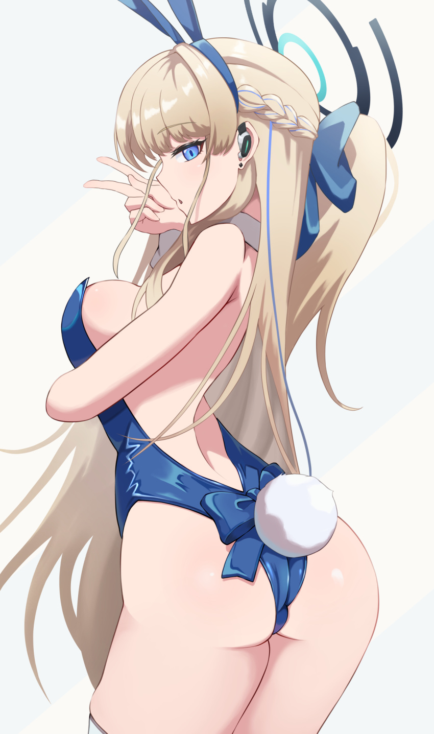 1girl animal_ears ass backless_leotard bare_back bare_shoulders blonde_hair blue_archive blue_eyes blue_halo blue_leotard blue_ribbon braid breast_hold breasts earpiece earrings fake_animal_ears fake_tail french_braid hair_ribbon halo highres jewelry leotard long_hair looking_at_viewer looking_back multicolored_hair official_alternate_costume playboy_bunny ponytail rabbit_ears rabbit_tail ribbon rizzy simple_background strapless strapless_leotard streaked_hair tail thighhighs toki_(blue_archive) toki_(bunny)_(blue_archive) two-tone_background v very_long_hair white_thighhighs